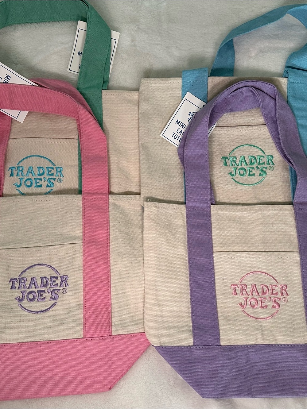 Set of 4 Trader Joe's Canvas Tote Bag -Pastel Strap  (Pink, Purple, Teal, Green)